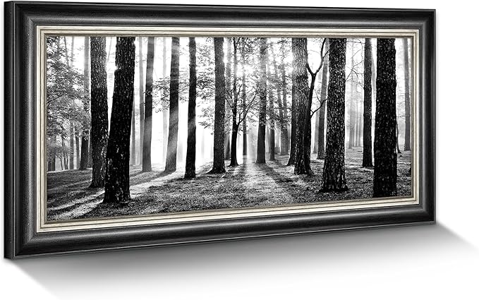 Black and White Forest Wall Art: Framed Tree Landscape Canvas Painting Modern Foggy Sunshine Scene Prints for Bedroom