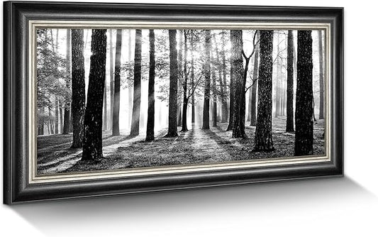 Black and White Forest Wall Art: Framed Tree Landscape Canvas Painting Modern Foggy Sunshine Scene Prints for Bedroom