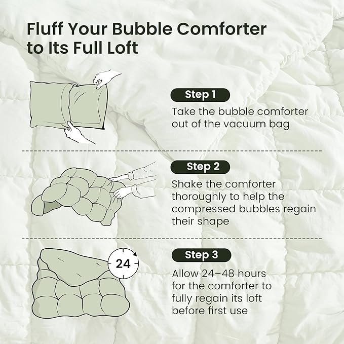 Amelie Home Sage Green Bubble Comforter Set Queen Size, 3 Pieces Ultra Soft Cozy Bedding Set for All Seasons, Farmhouse Luxury Gift for Women Home Decor, 90 x 90 inches