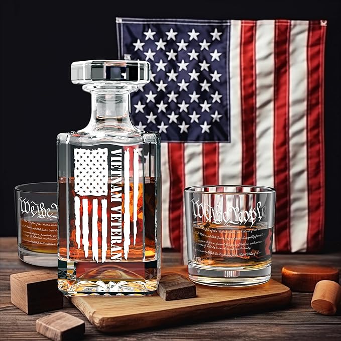 FURSARCAR Cool Birthday Gifts for Dad Men, Flag Whiskey Decanter Set with 2 Glasses, Unique Cool Mens Fathers Birthday Gift from Daughter Son, Xmas Retirement Present Decanter Sets for Man