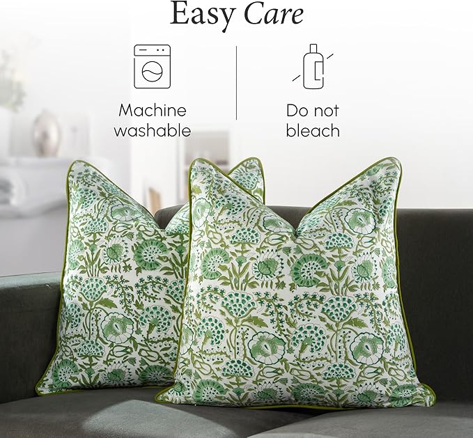 CPC 100% Cotton Throw Pillow Covers 24x24 Inch, Set of 2 Green Block Print Pattern Couch Pillow, Cute Boho Decorative Pillows for Living Room, Bedroom with Hidden Zipper- Agate Green