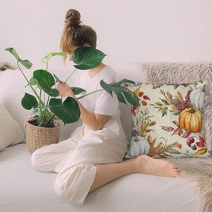 Fall Pumpkin Pillow Covers 18x18 inch Set of 2, Linen Autumn Outdoor Thanksgiving Harvest Leaves Rustic Farmhouse Decorations for Sofa Couch