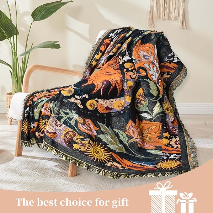 Boho Throw Blanket Reversible Cotton Bohemian Tapestry Hippie Room Decor Outdoor Blanket Double Sided (Boho Sun Black 50"x60")