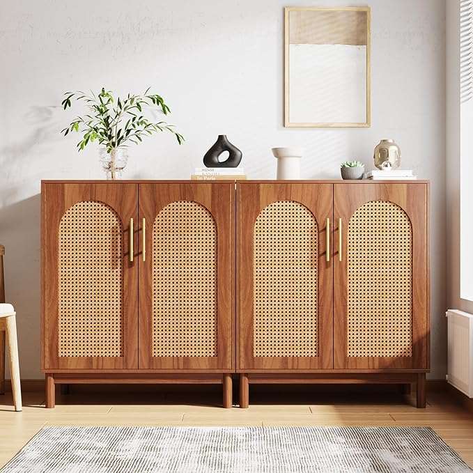 Tribesigns Set of 2 Rattan Sideboard Buffet with Storage, 59 Inch Accent Cabinet with Doors, Storage Cabinet for Dining Room, Living Room, Kitchen, Caramel Brown