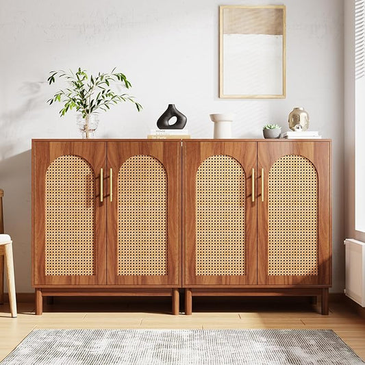Tribesigns Set of 2 Rattan Sideboard Buffet with Storage, 59 Inch Accent Cabinet with Doors, Storage Cabinet for Dining Room, Living Room, Kitchen, Caramel Brown