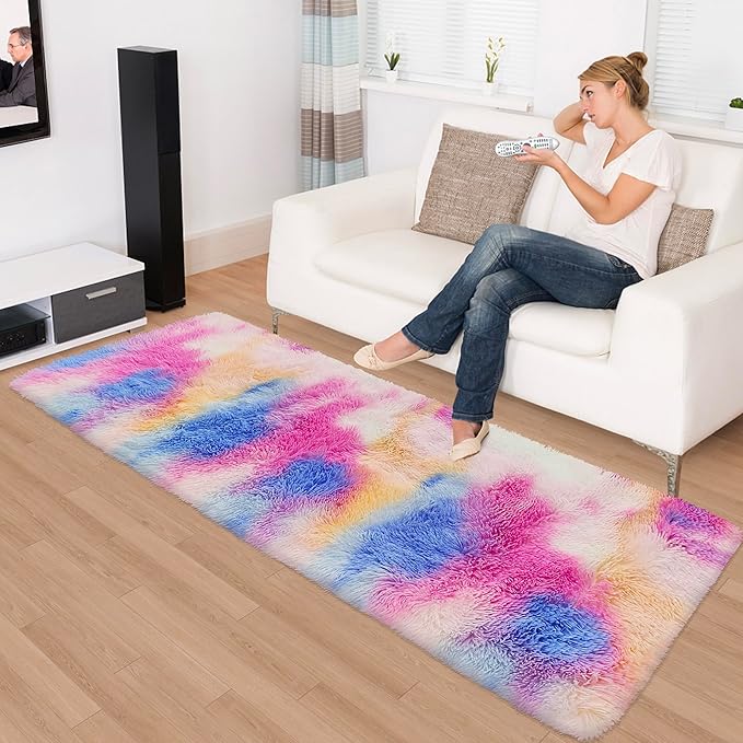 Fluffy Colorful Rug for Bedroom 2x6 ft Kawaii Tie-Dyed Area Rug Non Slip Cute Unicorn Kids Runner Rug for Girls Princess Teens Living Room Playroom Baby Nursery Decor Carpets
