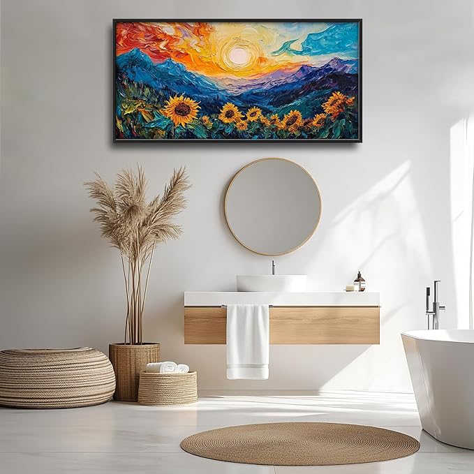 Starry Night Sunflowers Framed Wall Art for Living Room, Large Flowers Canvas Wall Decor, Vintage Florals Pictures Painting, Modern Artwork for Bathroom Bedroom 60L'' × 30W''