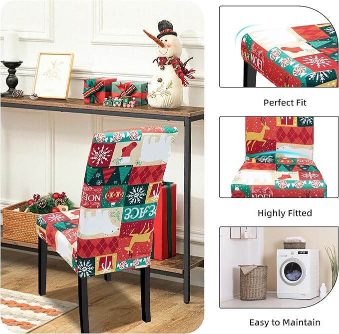Christmas Chair Covers for Dining Chairs, Stretch Dining Covers, Dining Room Chair Covers Set of 4/6, Removable Washable Dining Chair Slipcovers for Home Hotel Banquet Holiday Decoration (1, 6pcs)