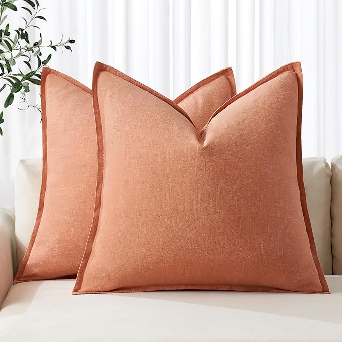 MIULEE Decorative Linen Euro Sham Pillow Covers 22x22 Inch Coral Boho Farmhouse Neutral Couch Throw Pillows for Bed Pack of 2 Accent Modern Pillowcase Summer Sofa Livingroom Home Decor