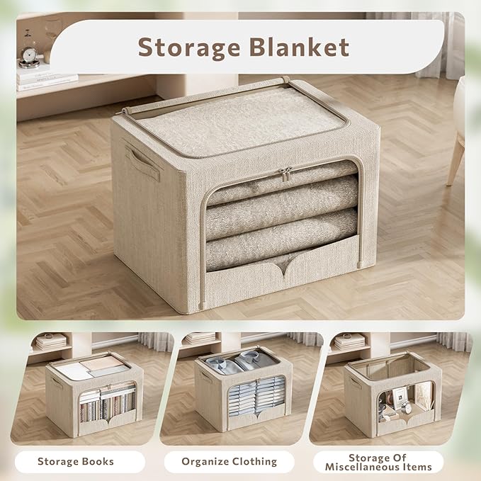 3 Pack Clothes Storage Bins Foldable Metal Frame Storage Box Stackable Linen Fabric Organizer Set with Carrying Handles and Clear Window (Beige, 15.7x11.8x7.8inch(22L))