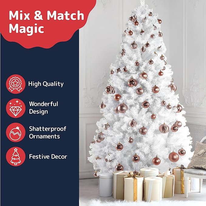PREXTEX 36-Piece Rose Gold Christmas Ornaments Set - Shatterproof Tree Balls in 6 Styles and 3 Sizes with Hanging Loops to Decorate Christmas Tree - Ideal for Indoor and Outdoor Holiday Decor