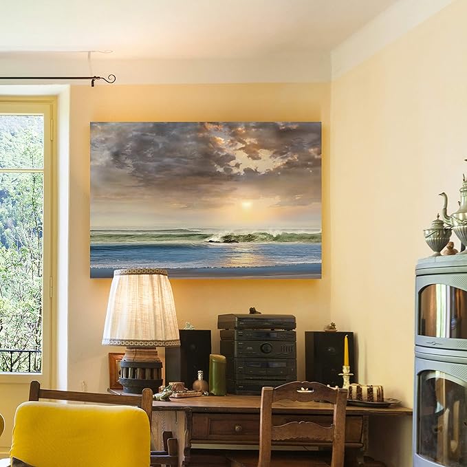 Renditions Gallery Canvas Beach Art Paintings Cloudy Sky Sunrise above Ocean Nature Hanging Artwork for Bedroom Office Kitchen Decor - 32"X48" LT08