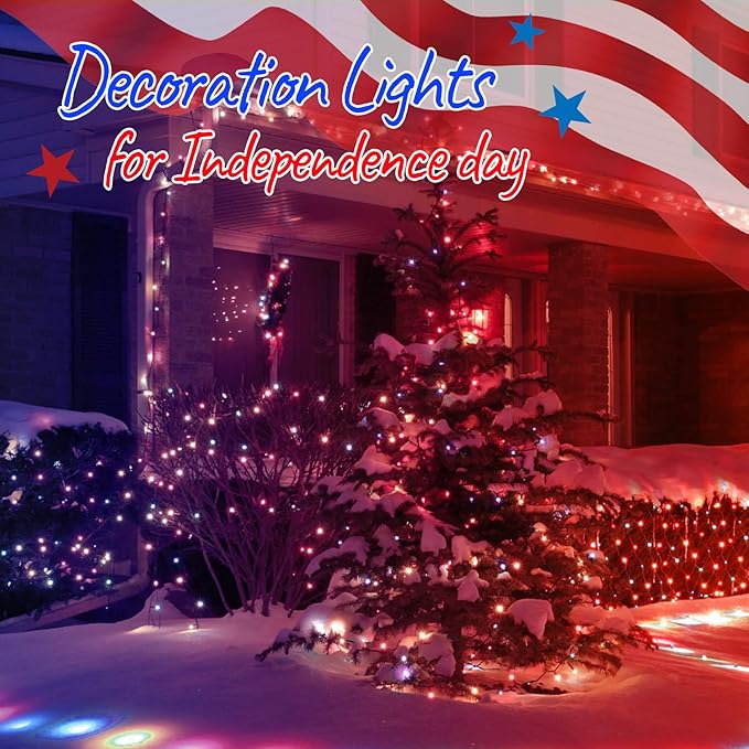 4th of July Decoration Patriotic Mini Lights - 200 Count 50 Feet Red White Blue Incandescent Bulb Waterproof String Lights Plug in for Indoor Outdoor Christmas Party Patio Independence Day Decoration