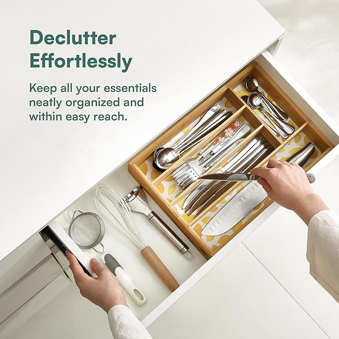 Kitchen Drawer Organizer - Silverware Organizer for Kitchen Organization & Storage, Utensil Holder & Bamboo Organizer for Kitchen Drawers, Kitchen Essentials, 5-Slot, Lemon Print
