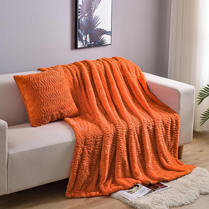 YUSOKI Luxury Faux Fur Throw Blanket(Without Pillows) 2 Layers,3lb,All Ages,Home Decoration, (Burnt Orange,50" x 63")