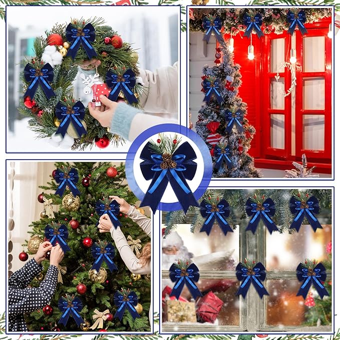 Syhood 6 Pcs Christmas Bows with Pine Cones Pine Needles Xmas Blue Velvet Bows Blue Velvet Ribbon Christmas Tree Wreath Decoration for Xmas Parties Indoor Outdoor Crafts DIY Decor