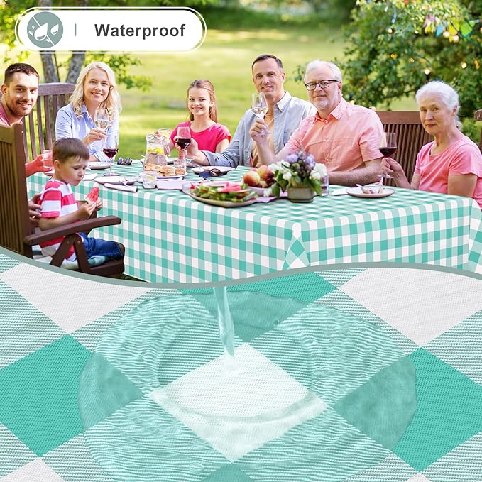 misaya Rectangle Waterproof Vinyl Table Cloth, Buffalo Flannel Backed Tablecloth, Wipeable Plastic Table Cover for Dinner, Kitchen, Outdoor (60" x 120", Teal and White)