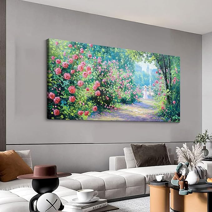 CHATYOUNG Canvas Wall Art Living Room, Blooming Roses Manor Landscape Painting Monet Style Wall Art Pink Flowers Picture Ready to Hang Bedroom Bathroom Kitchen Home Decor Gifts for Women 24"X48"