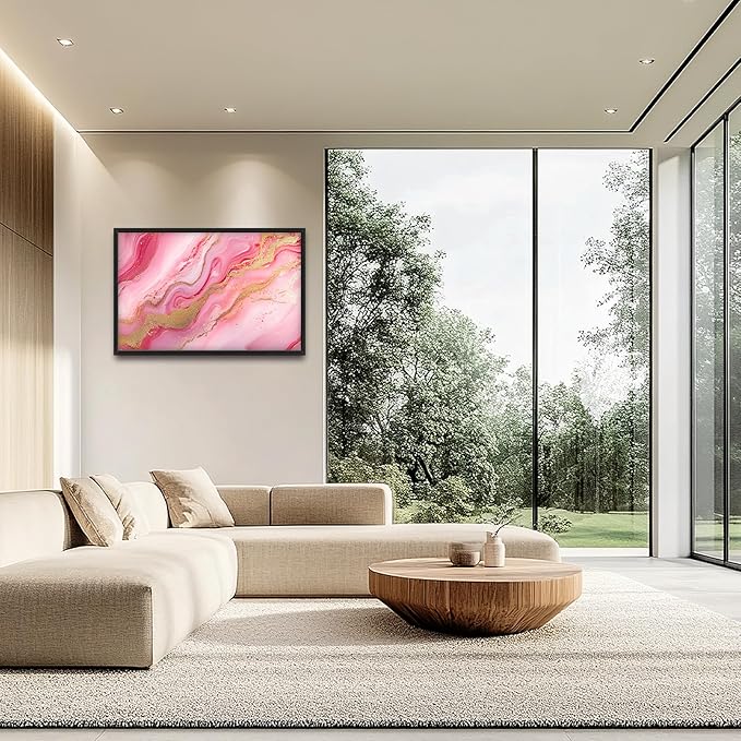 Lovira Abstract Pink Marble Large Wall Art Gold Wave Canvas Wall Decor Pictures Prints Painting Framed Modern Artwork for Living Room Bedroom Bathroom Office 24"x36"