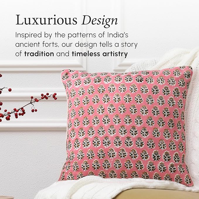 CPC 100% Cotton Throw Pillow Covers 24x24 Inch, Set of 2 Green Block Print Pattern Couch Pillow, Cute Boho Decorative Pillows for Living Room, Bedroom with Hidden Zipper- Poppy Pink