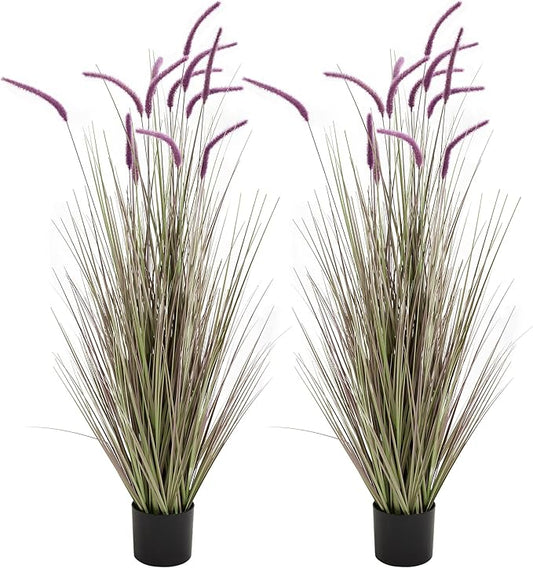 KOL Artificial 5ft 2-Pack Horsetail Reed Grass, 59in Tall Artificial Indoor Outdoor Fake Grass Plant, Home Office Décor Artificial Plants in Pot Faux Plant Greenery, Wedding Decor, Purple