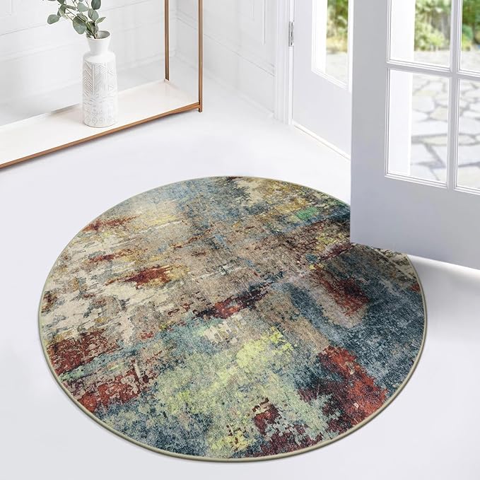 Lahome Modern Abstract Round Rug - 3Ft Small Red Washable Kitchen Round Area Rug Bedroom Circle Mat, Soft Low Pile Non Slip Indoor Throw Carpet for Cabinet Bathroom Living Room Office