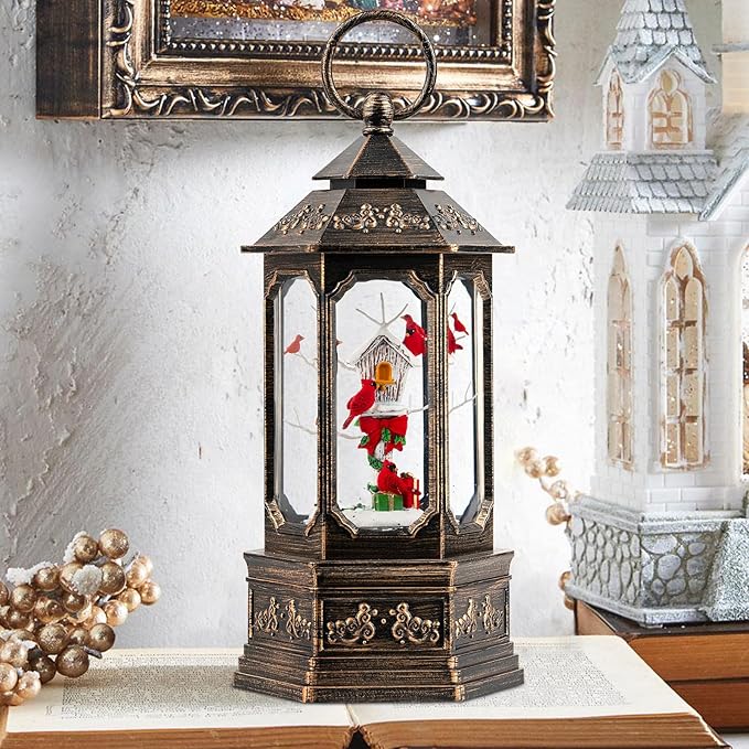 Musical Snow Globe Lantern Lighted Cardinal & Birdhouse Christmas Snow Water Lantern Swirling Glittering Home Decoration and Gift, Battery Operated or USB Powered