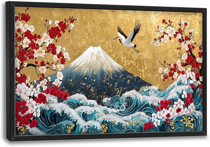 Japanese Large Wall Art for Living Room, Fuji Mountain Oversized Wall Decor Pictures, Ocean Wave Framed Canvas Print Painting, Vintage Artwork for Bedroom Office Home Decor 36"x24"