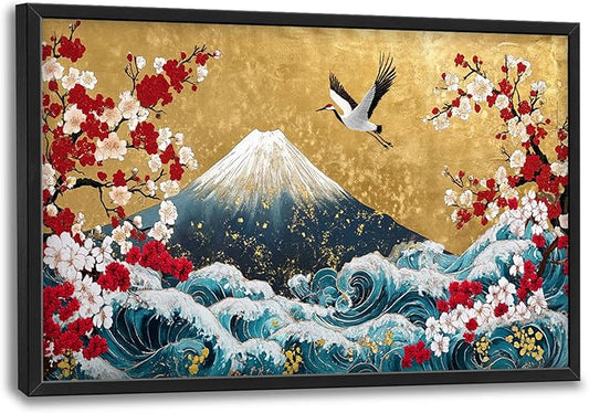 Japanese Large Wall Art for Living Room, Fuji Mountain Oversized Wall Decor Pictures, Ocean Wave Framed Canvas Print Painting, Vintage Artwork for Bedroom Office Home Decor 36"x24"