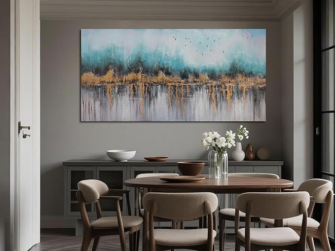 Ardemy Teal Abstract Canvas Wall Art for Living Room Landscape Painting Bedroom Turquoise Grey Panoramic Textured Picture Artwork Framed, Wall Art for Men Bathroom Home Office Wall Decor Large 40"x20"