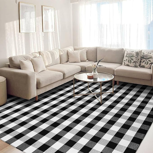 KOZYFLY Buffalo Plaid Area Rug 8 x 10 Ft Black and White Checkered Rug Washable Outdoor Patio Rugs Cotton Rugs for Living Room Carpet for Dining Room Bedroom Farmhouse Rug