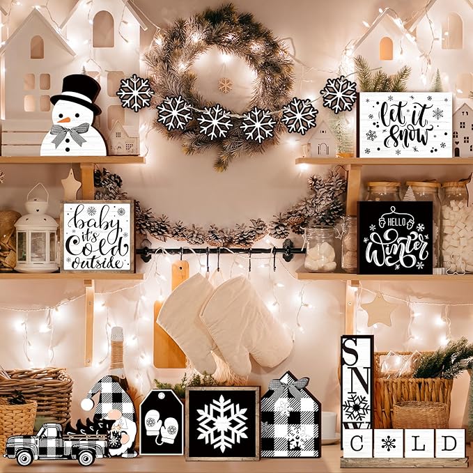 17 Pcs Christmas Tiered Tray Decor Set Winter Tiered Tray Decorations Farmhouse Tabletop Centerpiece Christmas Wooden 3D Sign for Xmas Home Buffalo Plaid Rustic Table Decoration(Cool)