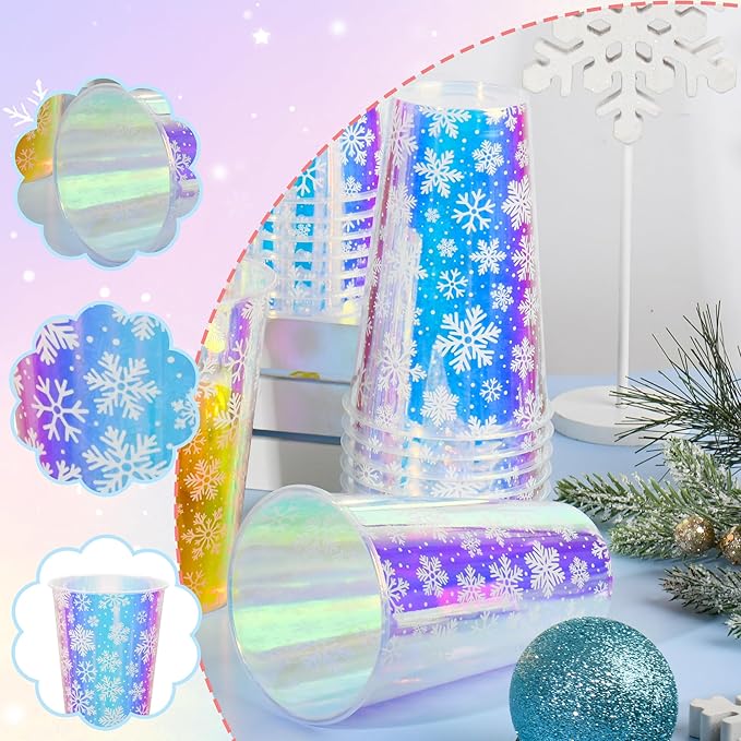 25 Winter Plastic Cups Iridescent Snowflake Party Cups 16oz Frozen Shiny Snowflakes Disposable Drinking Cups for Birthday Wedding New Year Holiday Party Supplies (16oz)