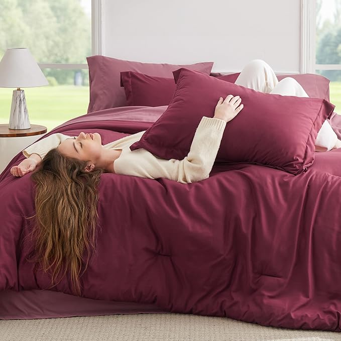 Bedsure King Size Comforter Set - 7 Pieces Burgundy King Bedding Set for All Seasons, Boho Contrasting Design Bed in a Bag with Comforter, Sheets, Pillowcases & Shams