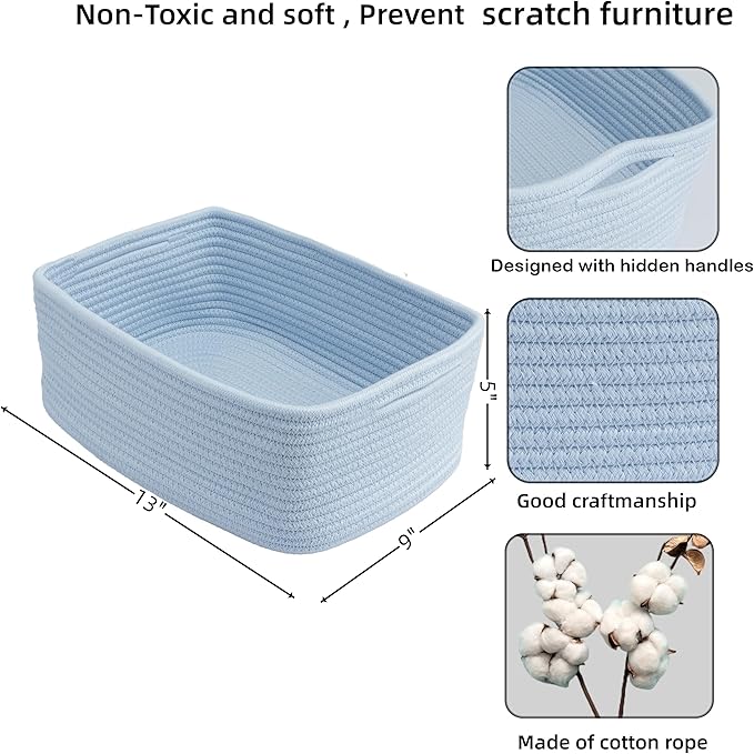 Small Woven Storage Baskets 13“X9”X5“ Decorative Rope Bins for Organizing Shelves, Closets, and Toys, Empty Gift Baskets, Cute Organizer Basket for Home and Office (blue, Large)
