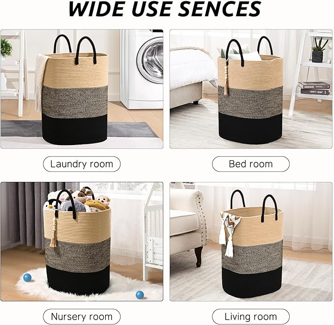 Woven Laundry Basket for Clothes, 50 L Large Rectangle Laundry Hampers with Beads Tassel, Nursery Storage Basket for Toys, Tall Dirty Clothes Hamper for Bedroom Aesthetic, Laundry Room Organization