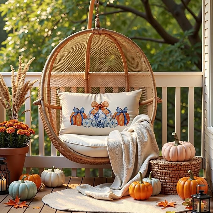 Chinoiserie Fall Pumpkin Pillow Covers 20x12,Autumn Decor,Blue and White Orange Chinoiserie Pumpkin Decorative Throw Pillow Covers for Home Bedroom Living Room