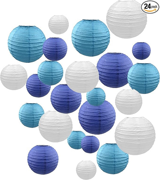 Handmade Decorative Chinese Japanese Hanging Paper Lanterns 24pcs Assorted Sizes 6”, 8”, 10”, 12” Mixture Colors Decoration for Home, Weddings and Parties Lanterns (Blue-White)