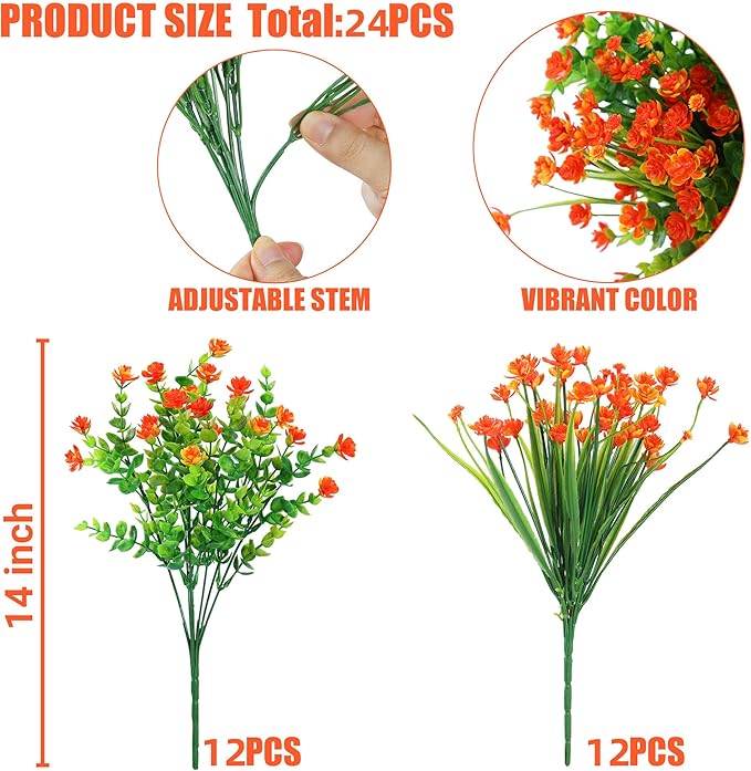 Sggvecsy Artificial Fall Flowers for Outdoors 24 Bundles UV Resistant Boxwood Shrubs Fake Plants for Autumn Harvest Thanksgiving Farmhouse Garden Home Indoor Outdoor Decoration(Orange)