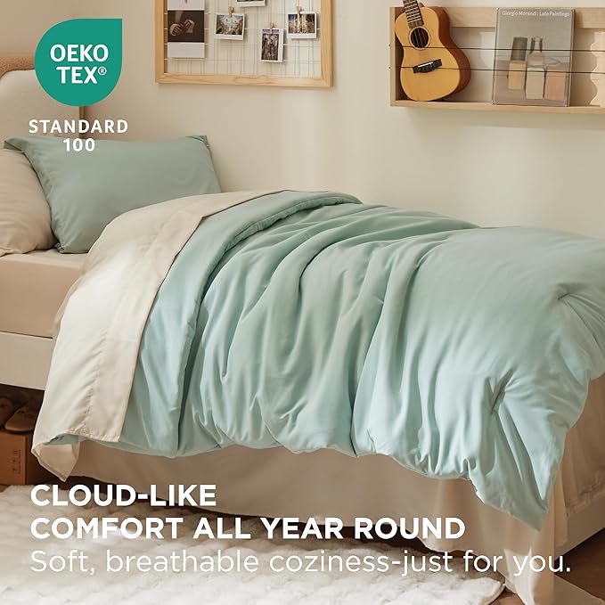 Bedsure Twin XL Comforter Set - Extra Long 5 Pieces Sage Green Twin XL Bedding Set for All Seasons, Boho Contrasting Design Bed in a Bag with Comforter, Sheets, Pillowcase & Sham