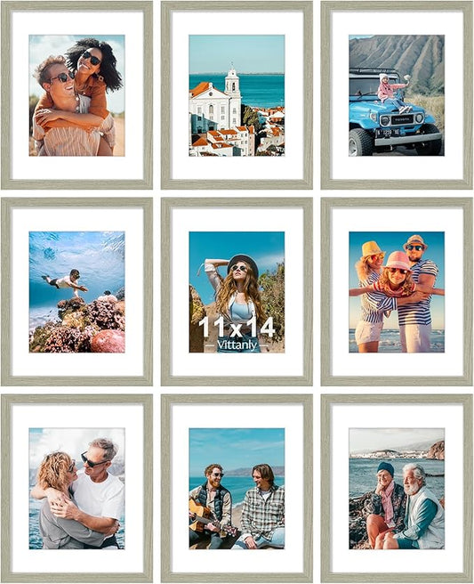 Vittanly 11x14 Picture Frames Set of 9, Shatter Resistant Plexiglass, Display 8x10 Pictures with Mat or 11x14 without Mat, Photo Frames for Wall or Tabletop, Engineered Wood, Driftwood