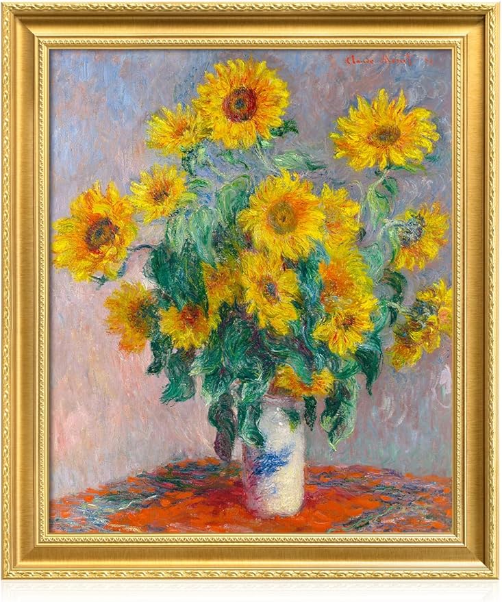 DECORARTS - Claude Monet Sunflowers Giclee Print with Gold Solid Wood Frame, Impressionist Large Framed Wall Art, Ready to Hang, Framed Size 24.75x28.75, Made in USA