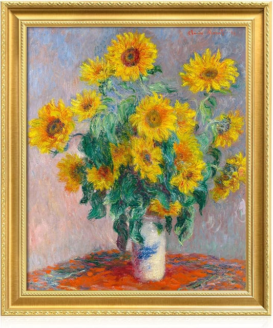 DECORARTS - Claude Monet Sunflowers Giclee Print with Gold Solid Wood Frame, Impressionist Large Framed Wall Art, Ready to Hang, Framed Size 24.75x28.75, Made in USA