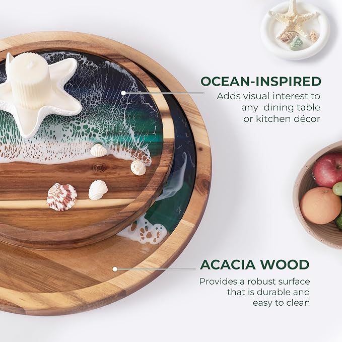 Acacia Wood Round Serving Tray with Epoxy Resin Art, 11.8”x11.8”, Includes Stand & Loofah, Handcrafted Ocean Wave Design, Perfect for Charcuterie, Serving Platters & Appetizers
