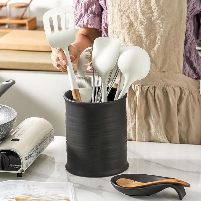 Nihow Kitchen Utensil Holder and Spoon Rest: Ceramic Utensil Holder for Countertop - Stable Utensil Crock for Kitchen Counter Decor - Elegant Matte Black