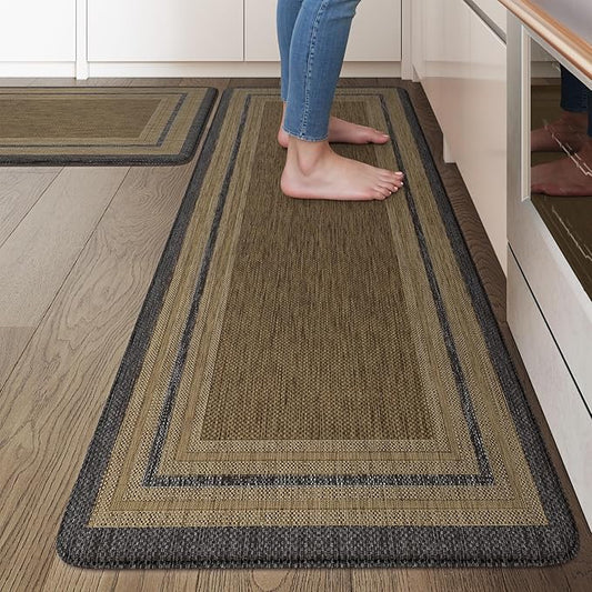 KIMODE Anti Fatigue Kitchen Mats, Boho Distressed Kitchen Floor Mats 20"x47"+20"x32", Non Slip Waterproof Kitchen Rugs, Padded Comfort Standing Mats for Laundry Office Sink Desk Grey/Brown