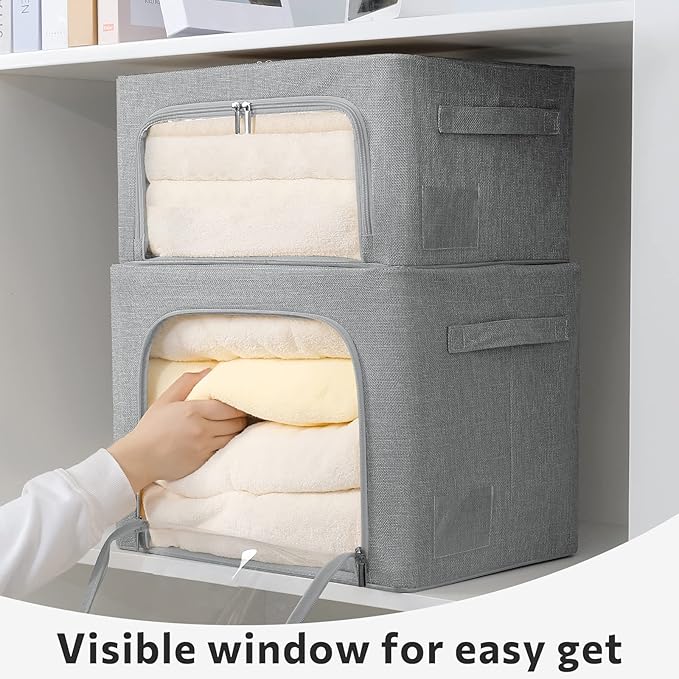 2 Pack Clear Window Storage Bins Stackable Linen Fabric Storage for Clothes Foldable Box Organizer Set with Carrying Handles-36L (Gray, 15.7x 11.8x 11.7 Inch)