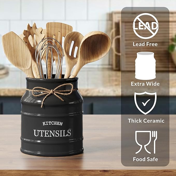 Barnyard Designs Ceramic Farmhouse Utensil Holder for Kitchen Counter, Large Rustic Utensil Crock, Countertop Cooking Tool Spatula Organizer, 6.75” (Black)