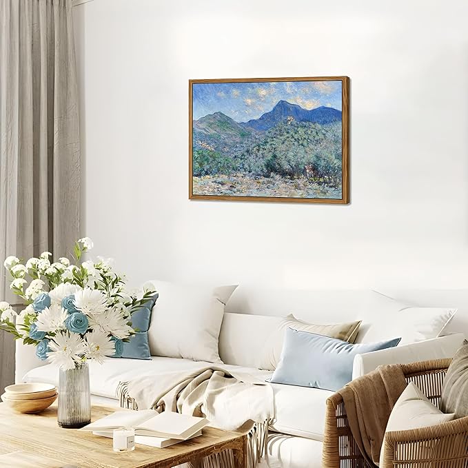 Vintage Framed Monet Wall Art – Impressionist Blue Green Forest Oil Painting Canvas Prints – Tranquil Nature Hillside Landscape Aesthetic Wall Decor for Living Room Bedroom Bathroom – 16"x24"