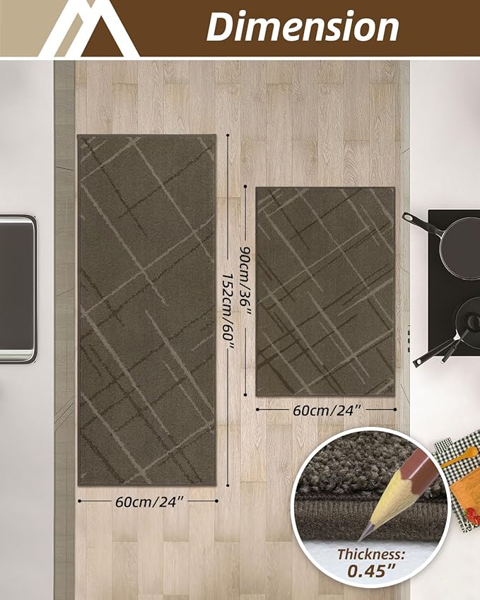 COSY HOMEER Kitchen Mats, 2 PCS Kitchen Rug Non Slip Washable, Absorbent Runner Rugs for Kitchen Floor, Polyester Kitchen Sink Rug 24"x36" + 24"x60"(Brown)